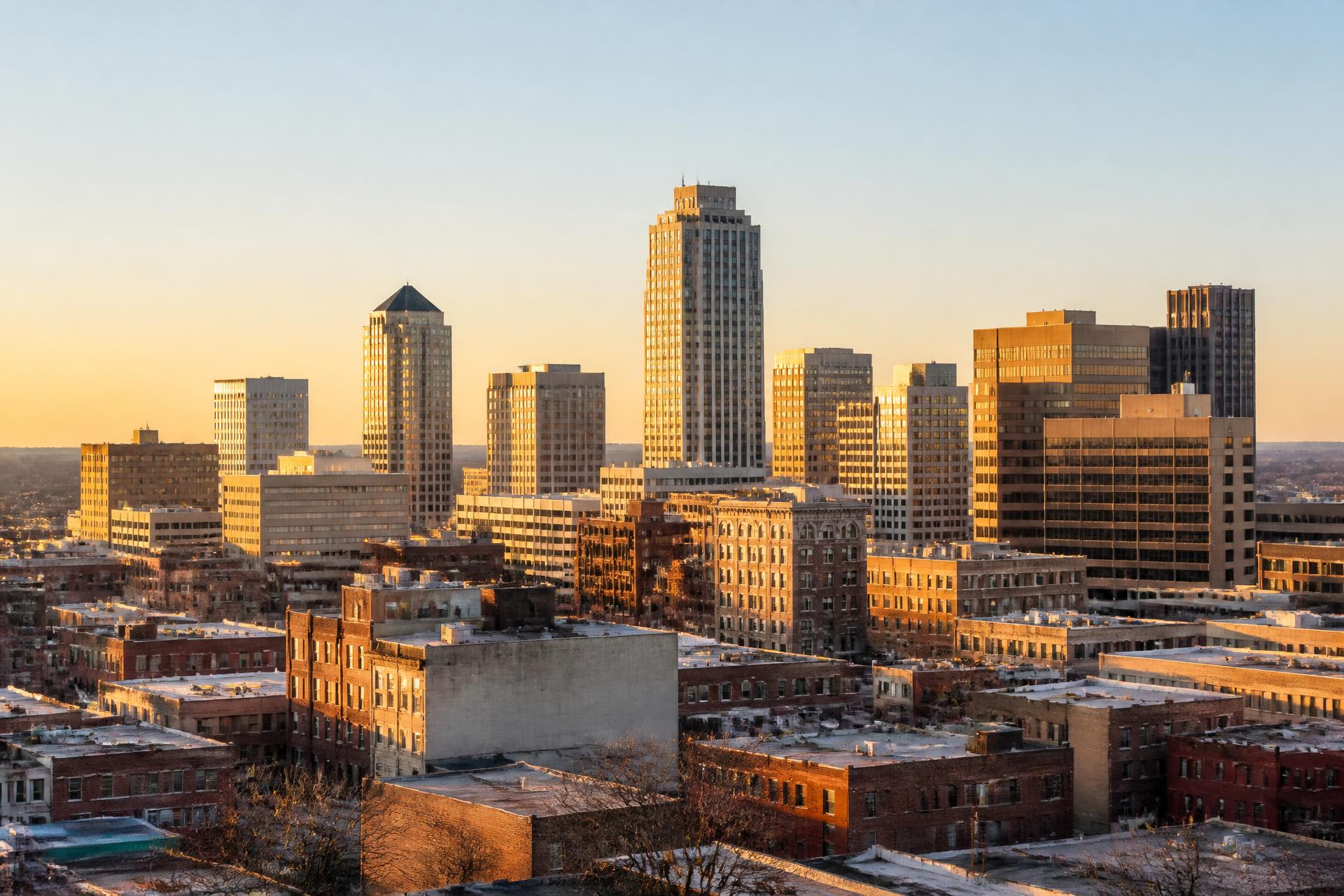 Downtown Birmingham, Alabama skyline at golden hour with the Alabama Theatre sign visible